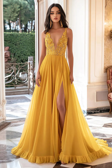 Gul Chiffon V-hals A-linje Appliqued Lang Ballkjole med Splitt